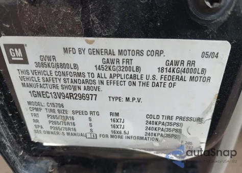 2004 Chevrolet Tahoe Ls z USA, uszkodzony, nr VIN 1GNEC13V94R296977